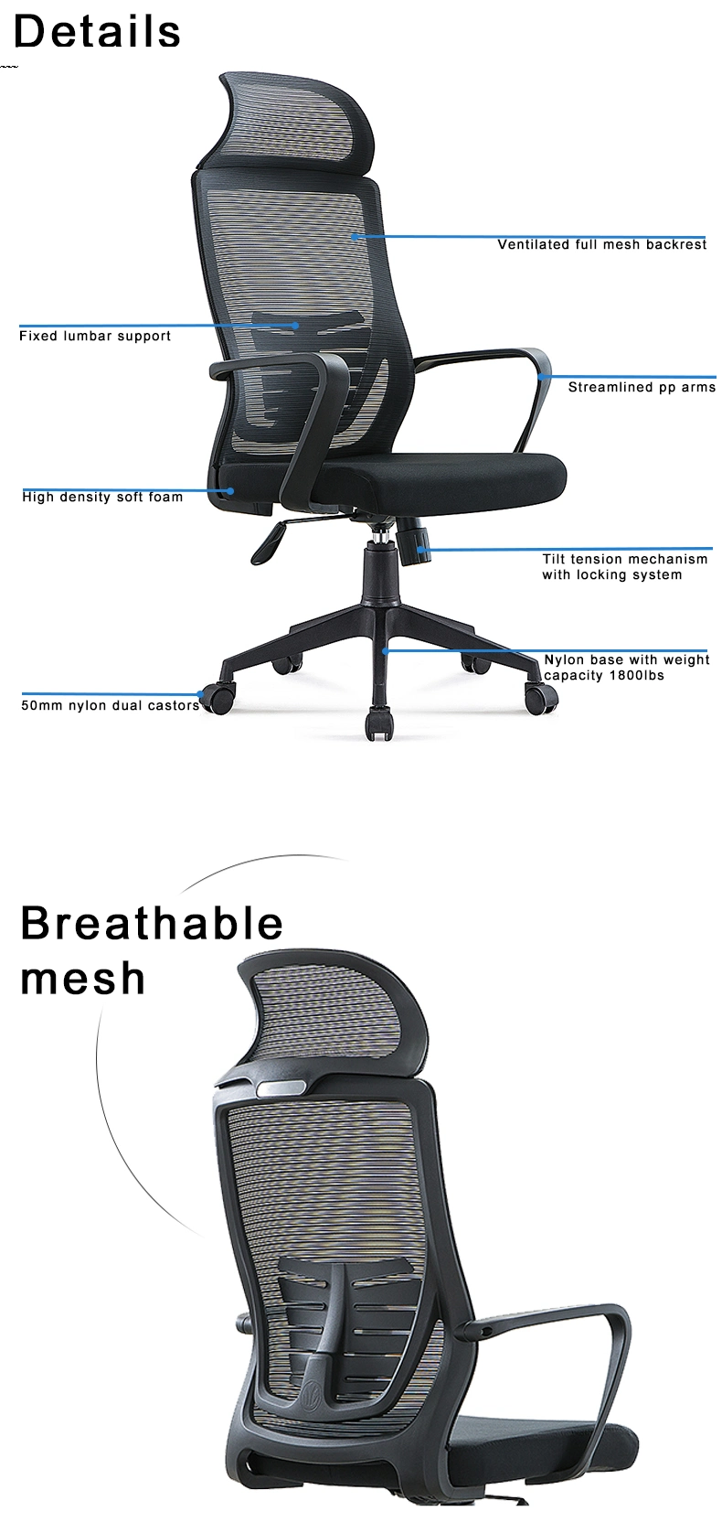 Cheap Mesh Staff Swivel Computer Reclining Task Office Chair with Headrest